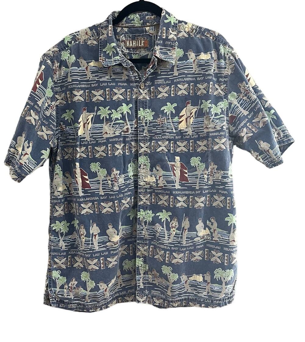 Vintage Kahala 1936 Hawaiian Button Down Blue Shirt-Size Large